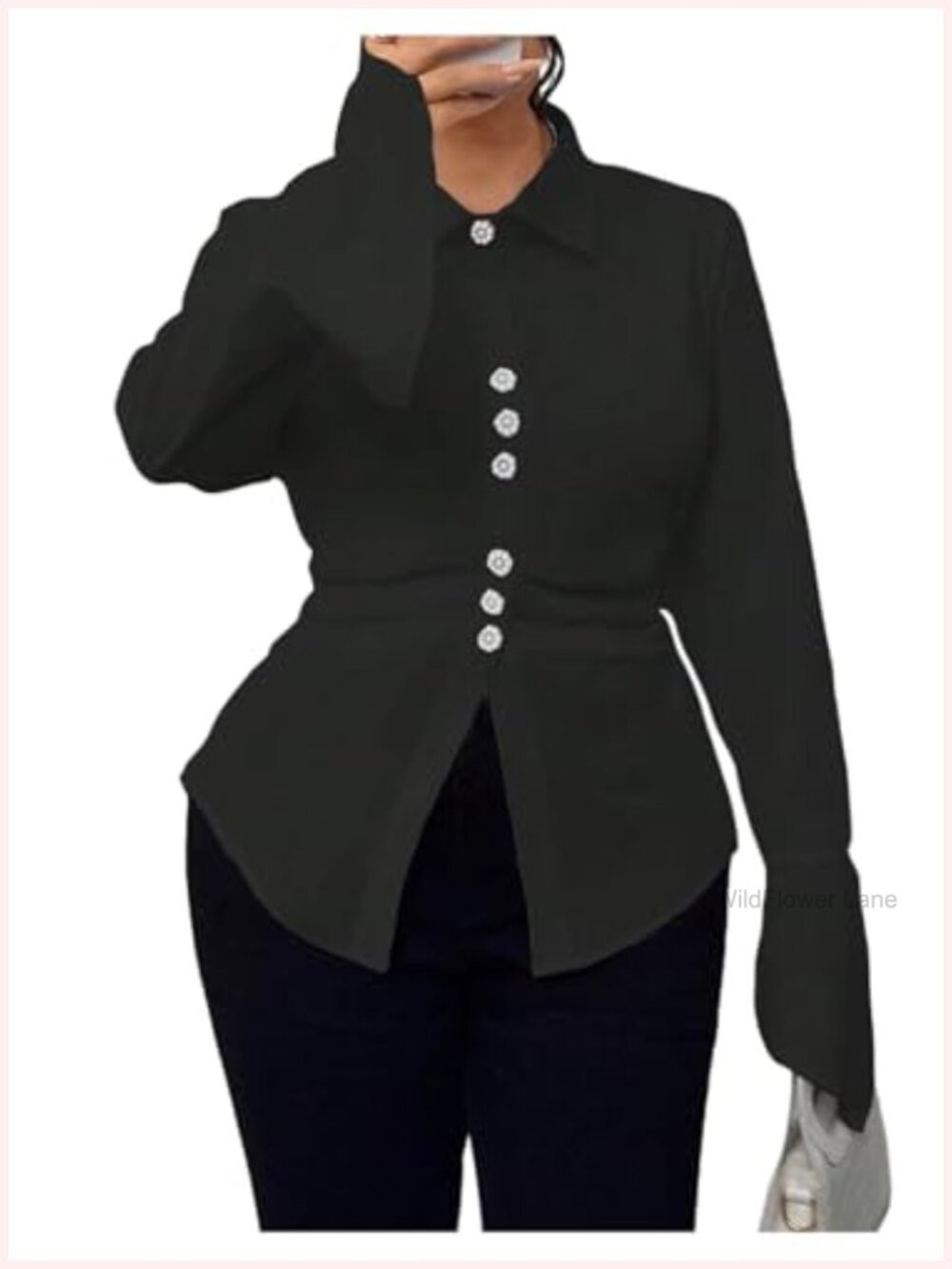 Plus Size Long Sleeve Button Up Collared Blouse Slim Fit Office Wear